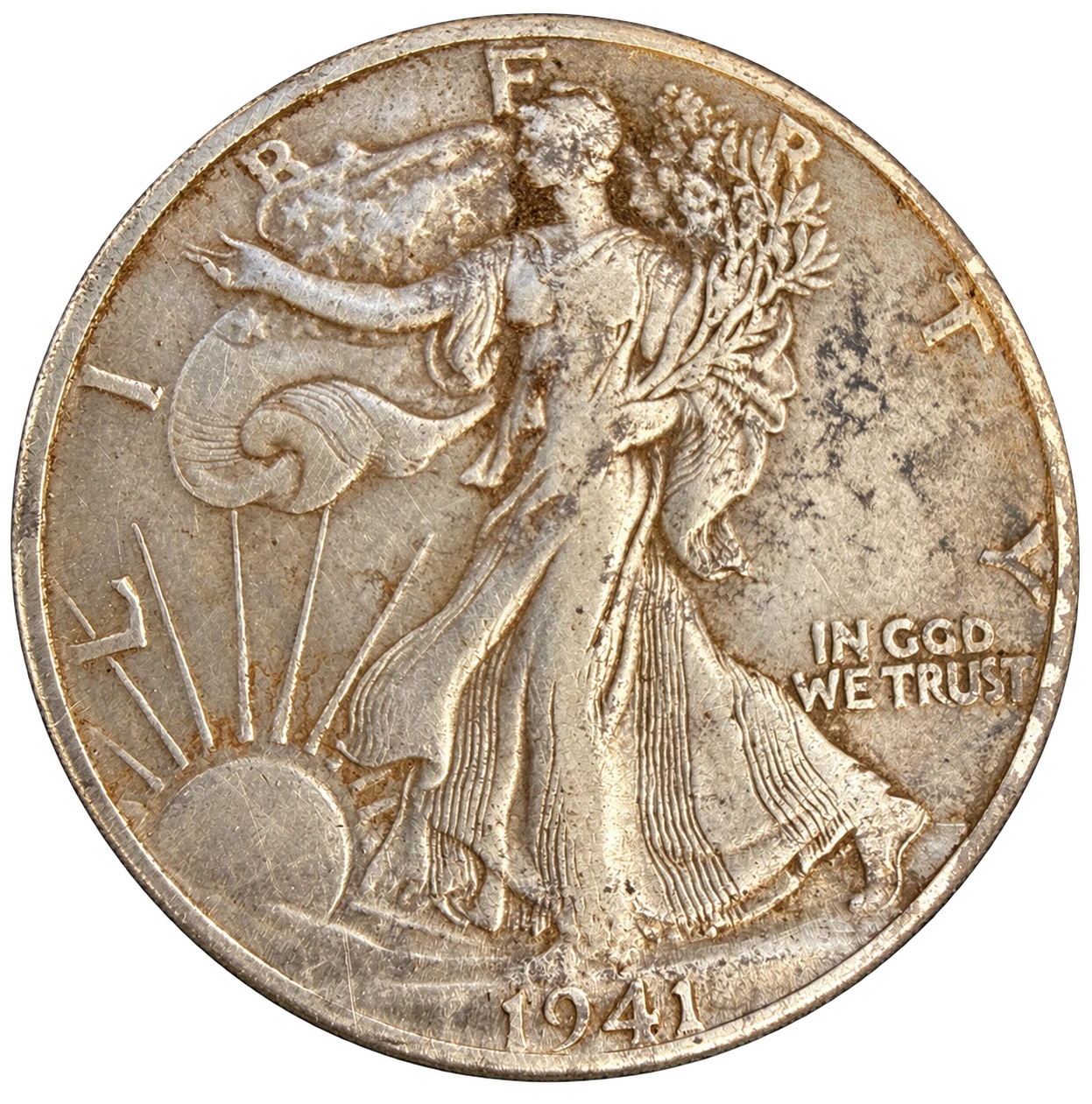 Obverse of a 1941 Walking Liberty half dollar showing Liberty, the date, and worn silver-colored details.