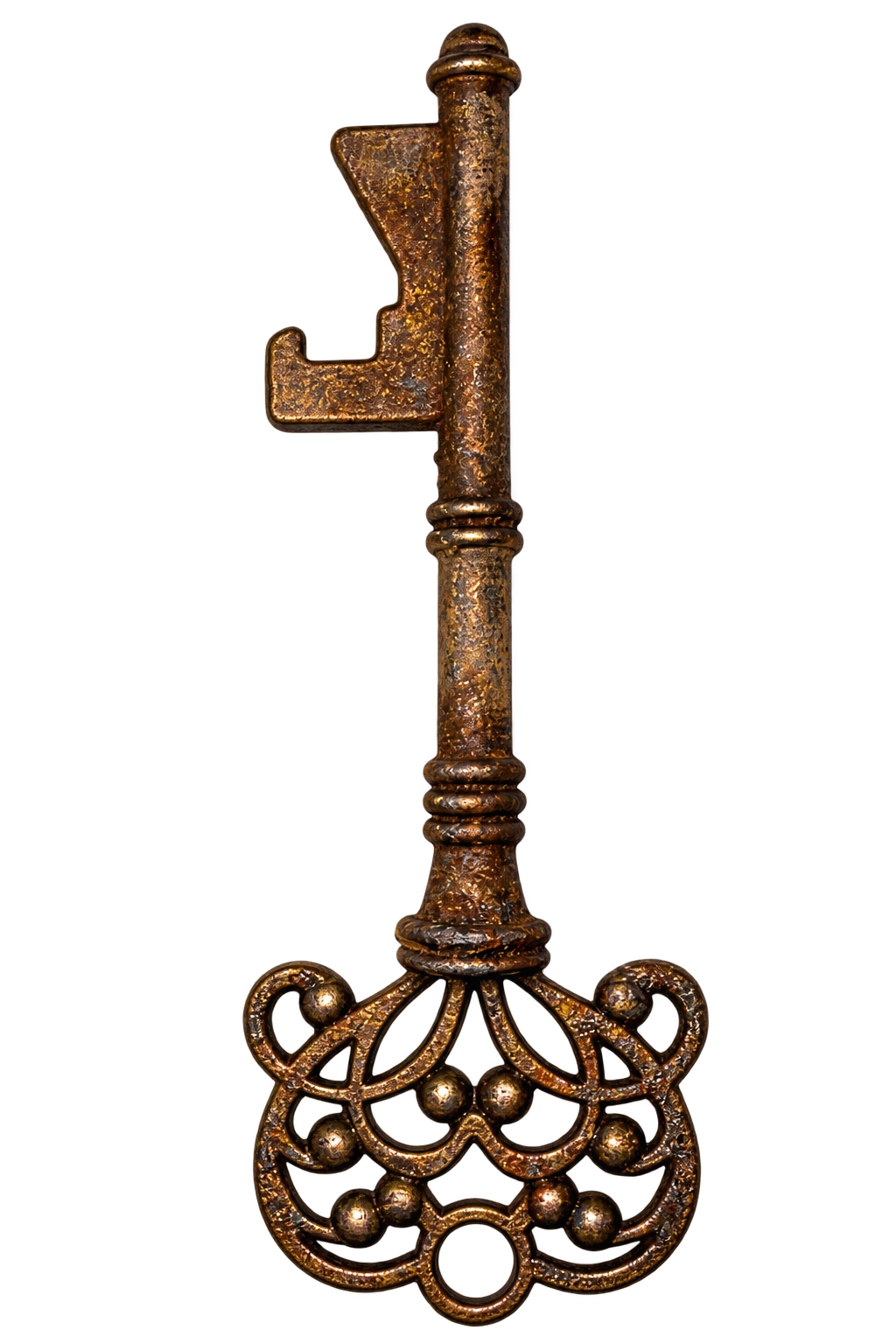 Rusted skeleton key with a long shaft and an ornate openwork handle.